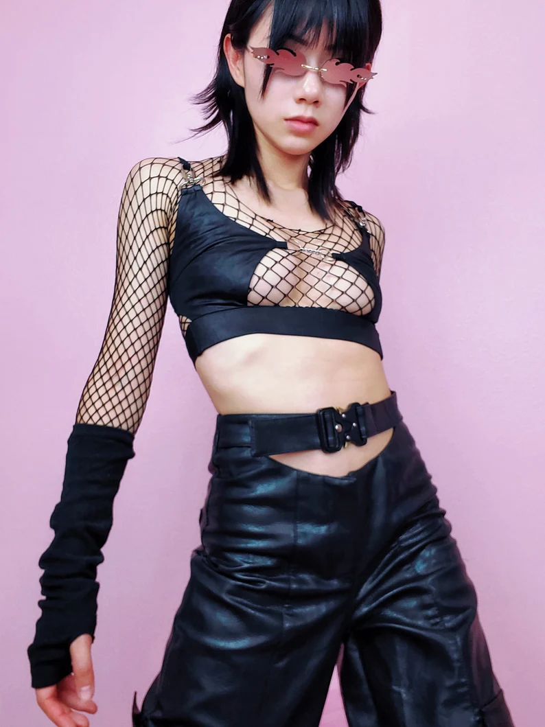 Raver Pants PU Leather Style Buckle Chained Wide Leg Pants Alternative