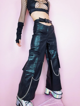 Raver Pants PU Leather Style Buckle Chained Wide Leg Pants Alternative