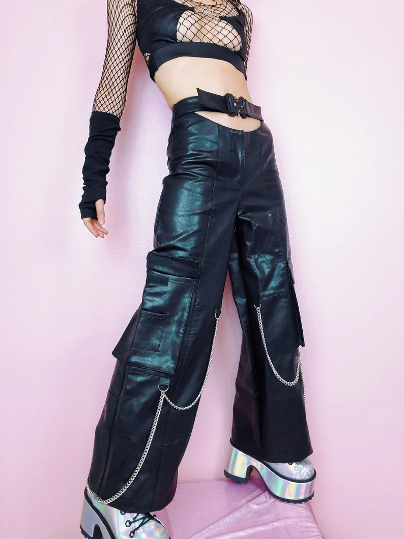 Raver Pants PU Leather Style Buckle Chained Wide Leg Pants Alternative