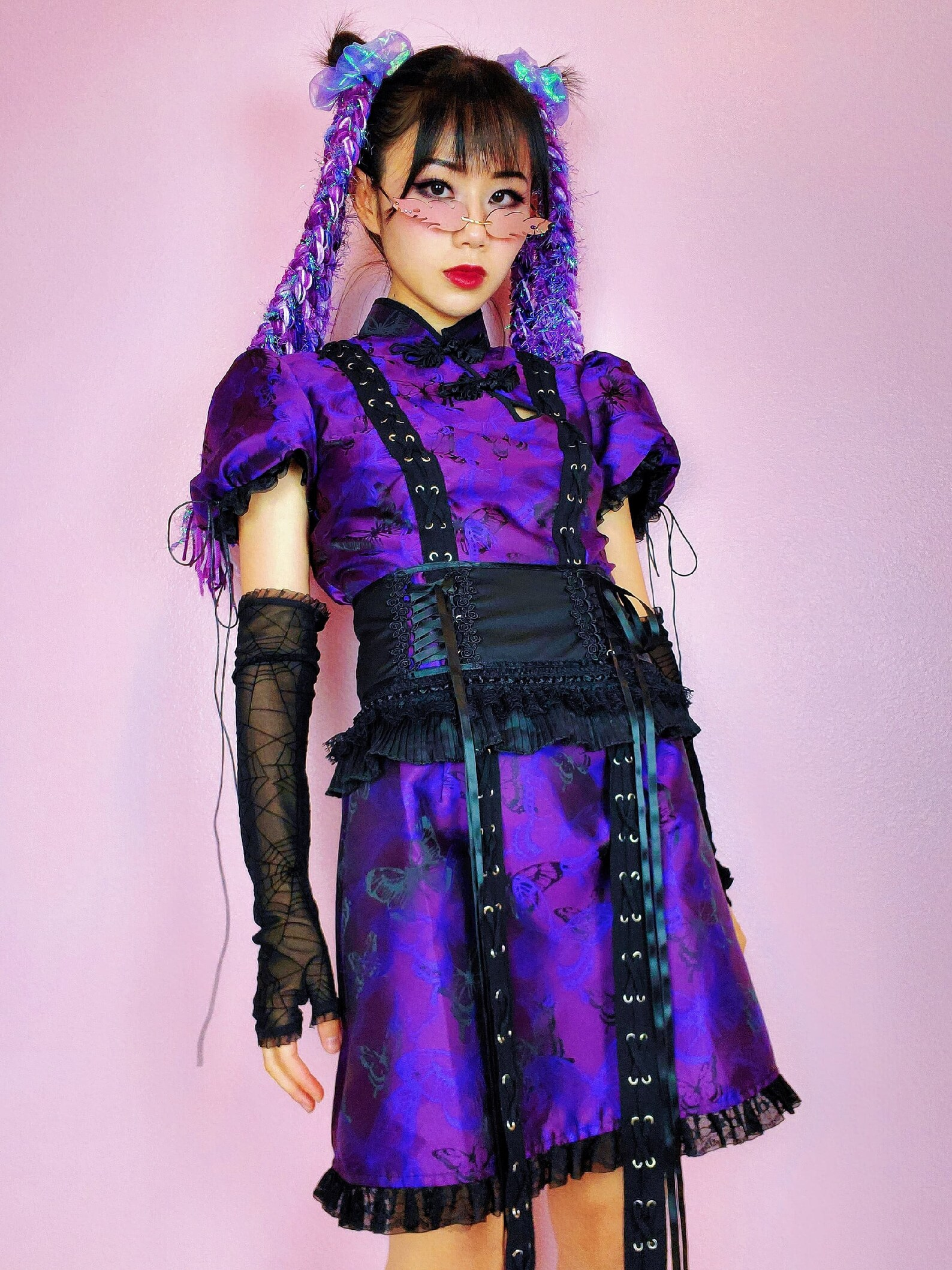 Alternative Fashion Purple Butterfly Dress Qipao Corset Belt