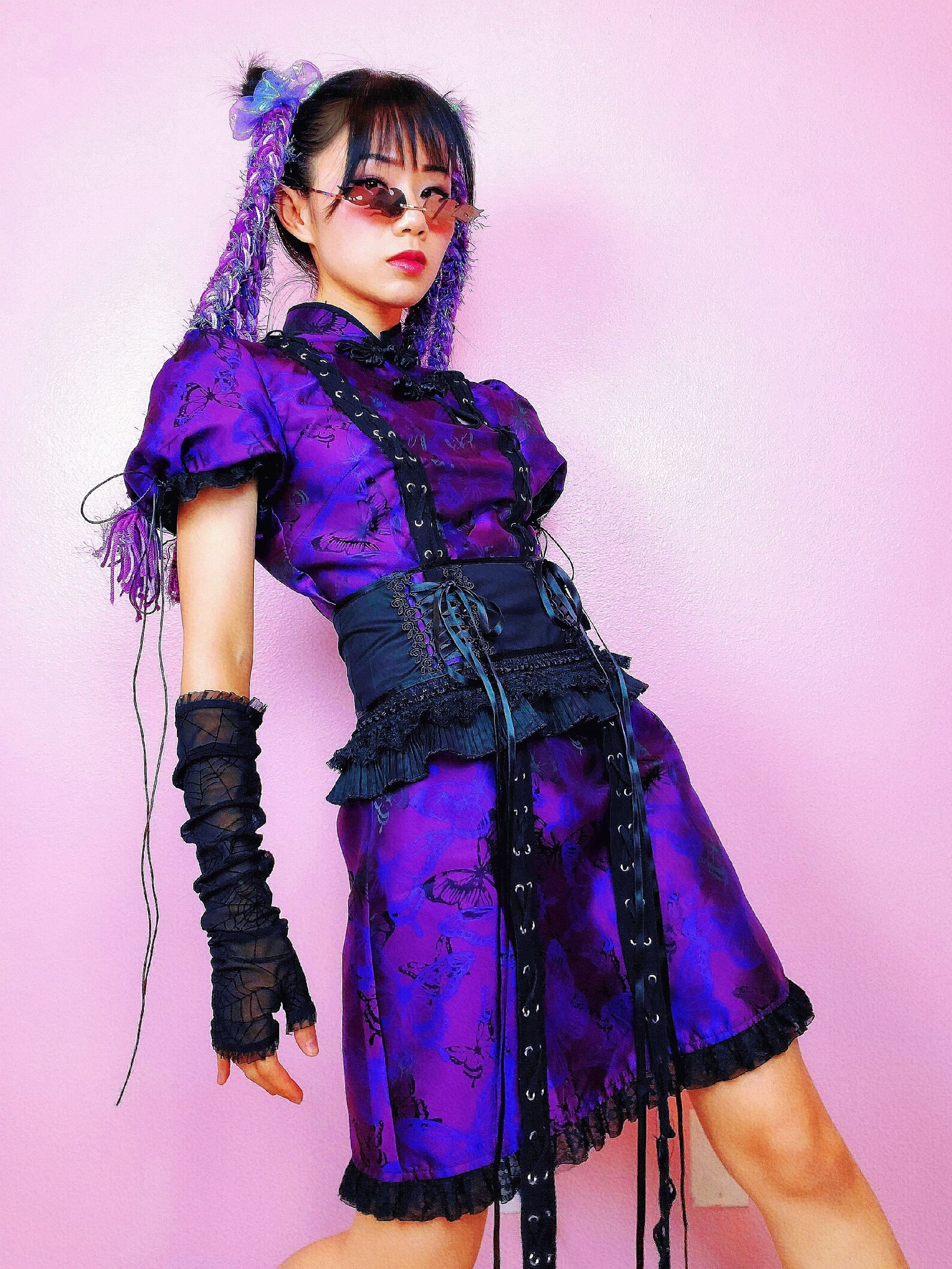Alternative Fashion Purple Butterfly Dress Qipao Corset Belt