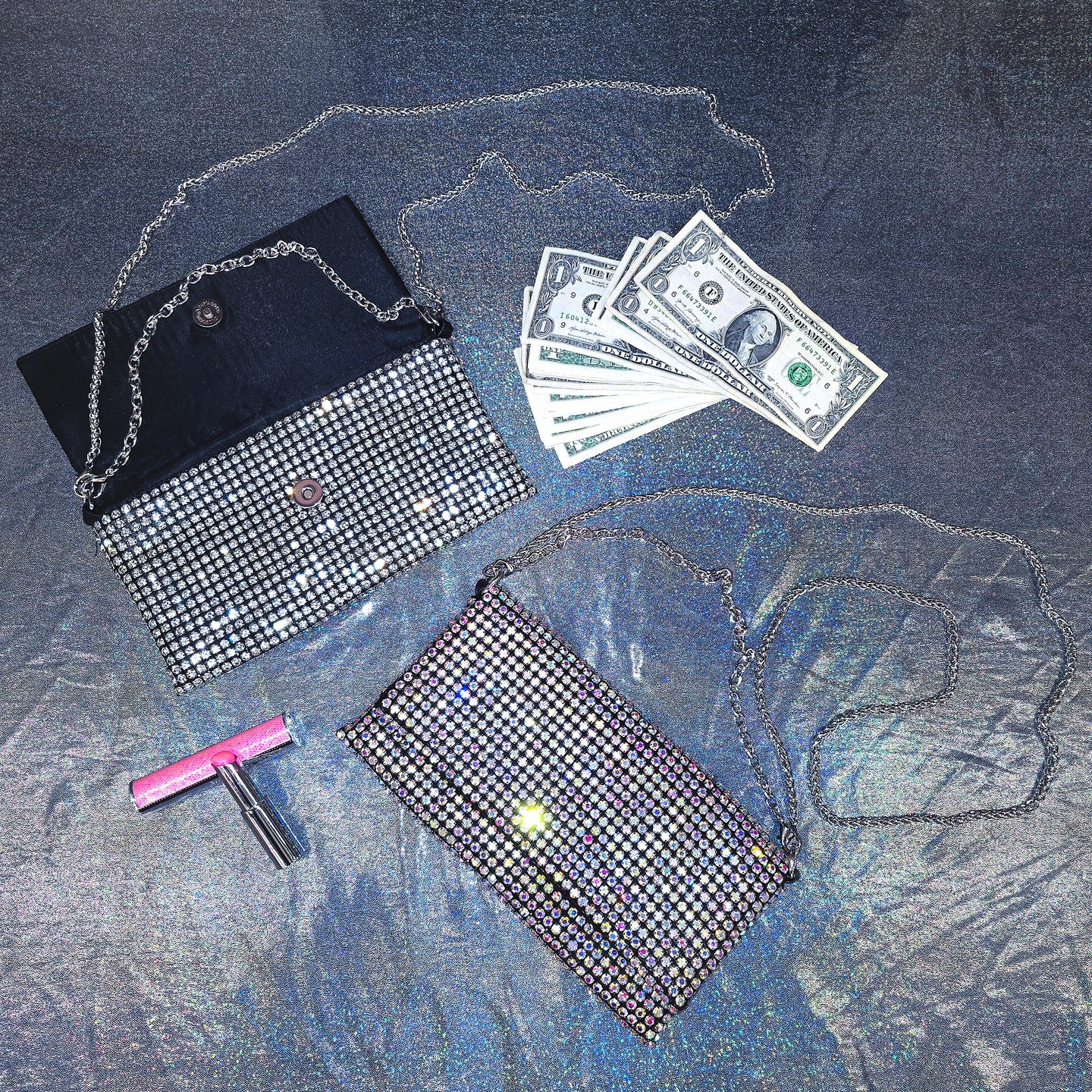 Envelope Chain Clutch Purse Rhinestones Money Bag