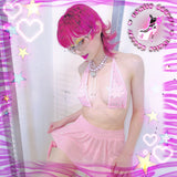 See Through 3 Piece Rhinestones Micro Bikini Skirt Set