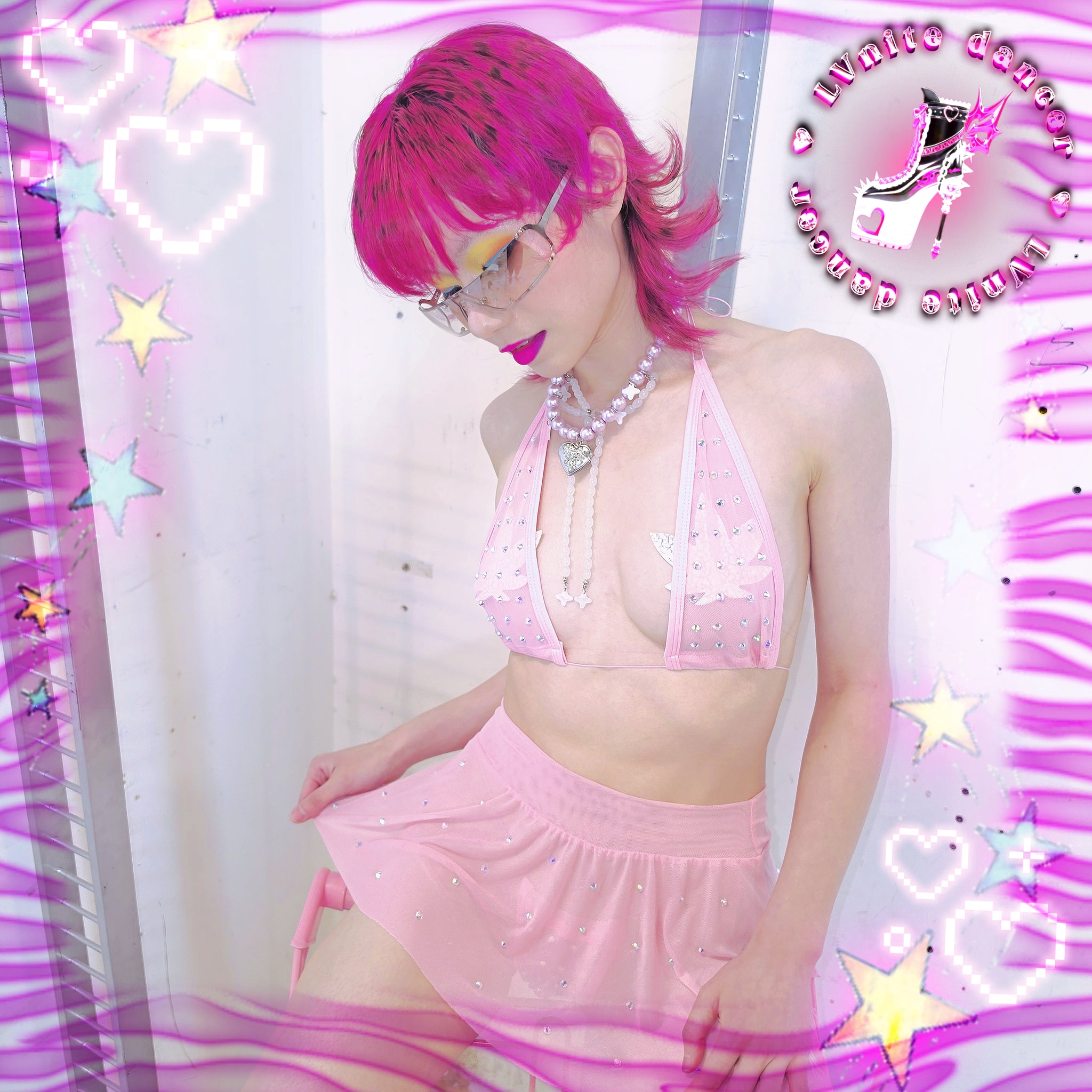 See Through 3 Piece Rhinestones Micro Bikini Skirt Set