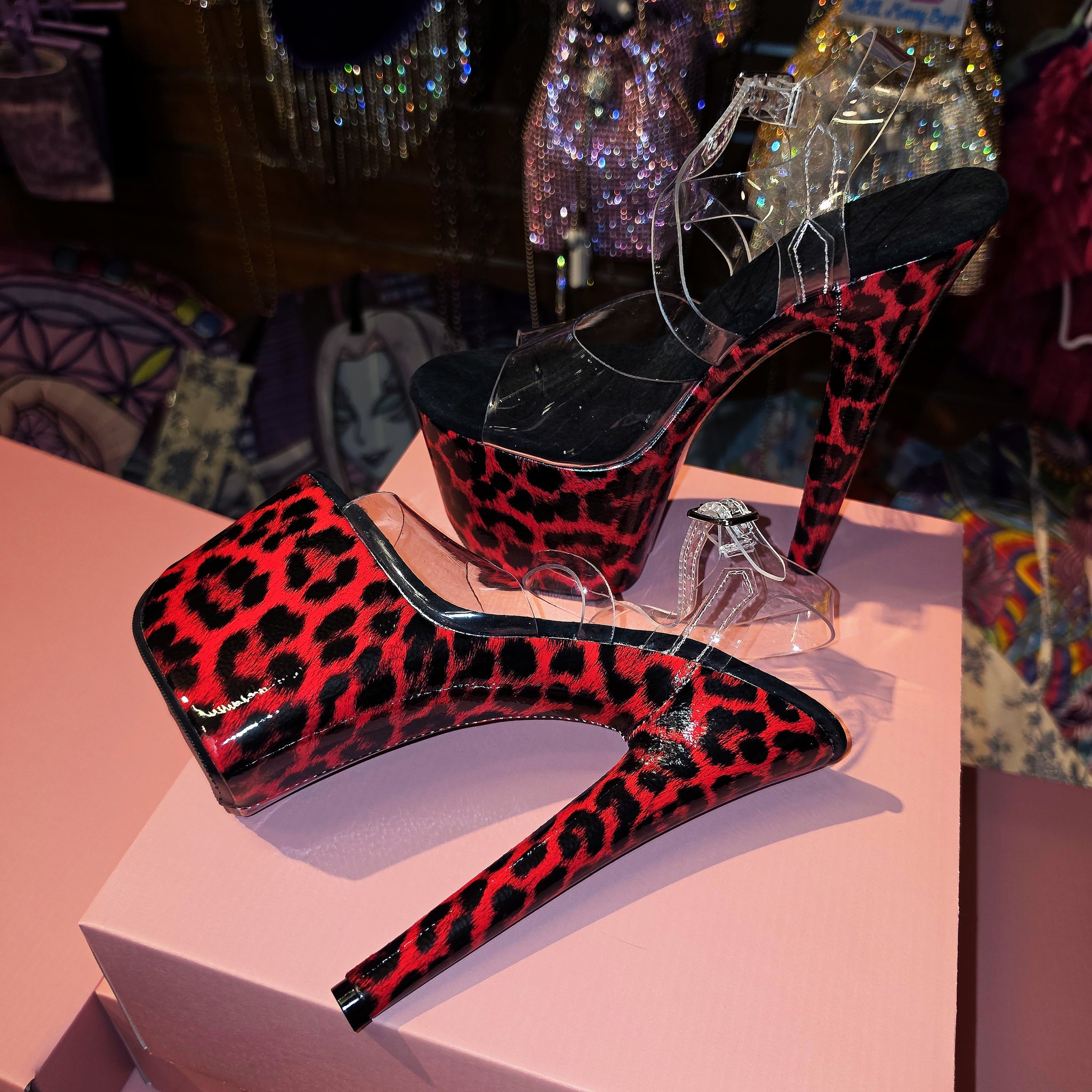 7in Multicolors Leopard Clear X Strap Heels