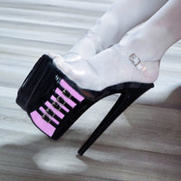 8in Light Baby Pink Black Clear X Strap Stripper Exotic Dancer Platform Heels