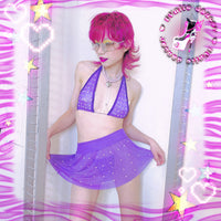 See Through 3 Piece Rhinestones Micro Bikini Skirt Set