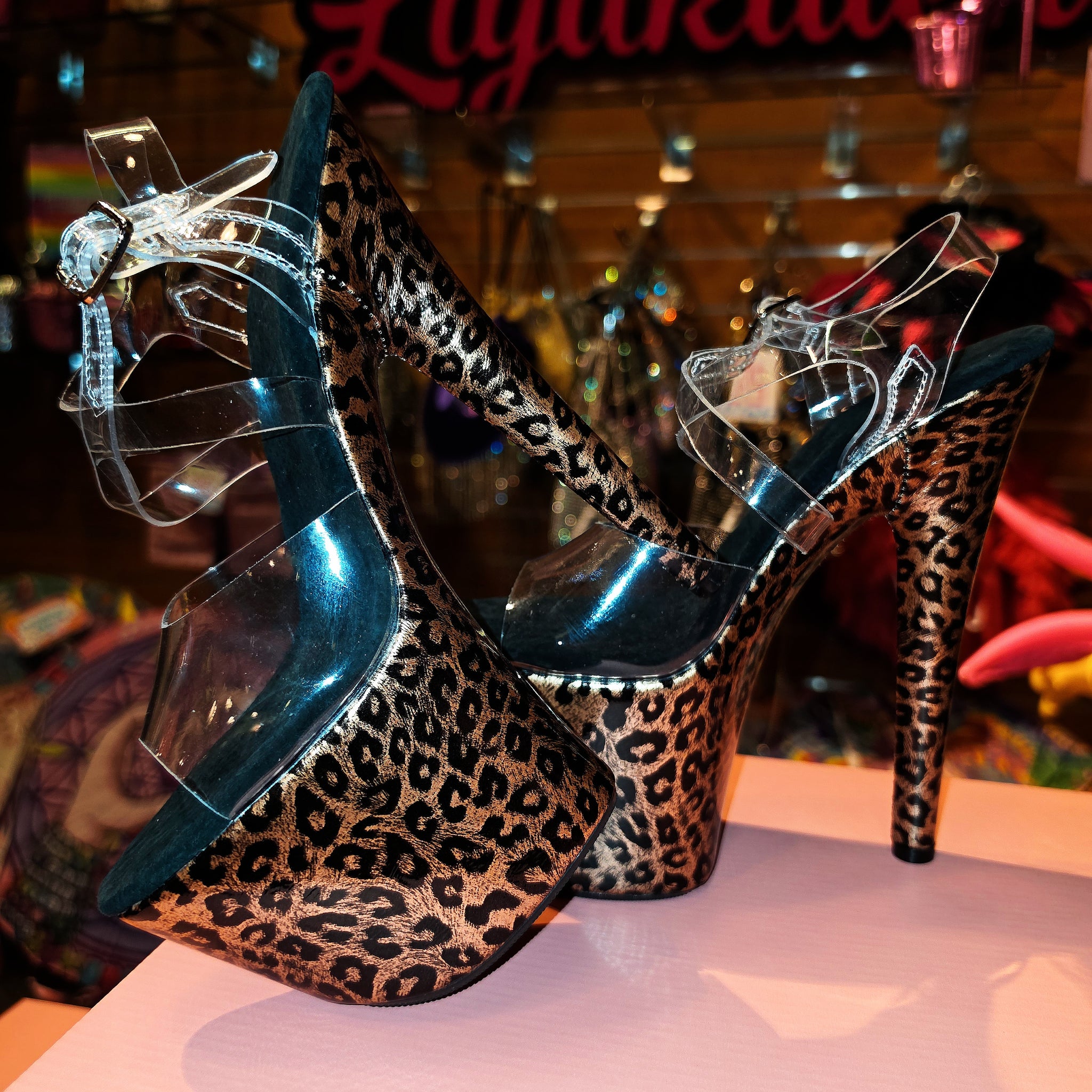 7in Multicolors Leopard Clear X Strap Heels