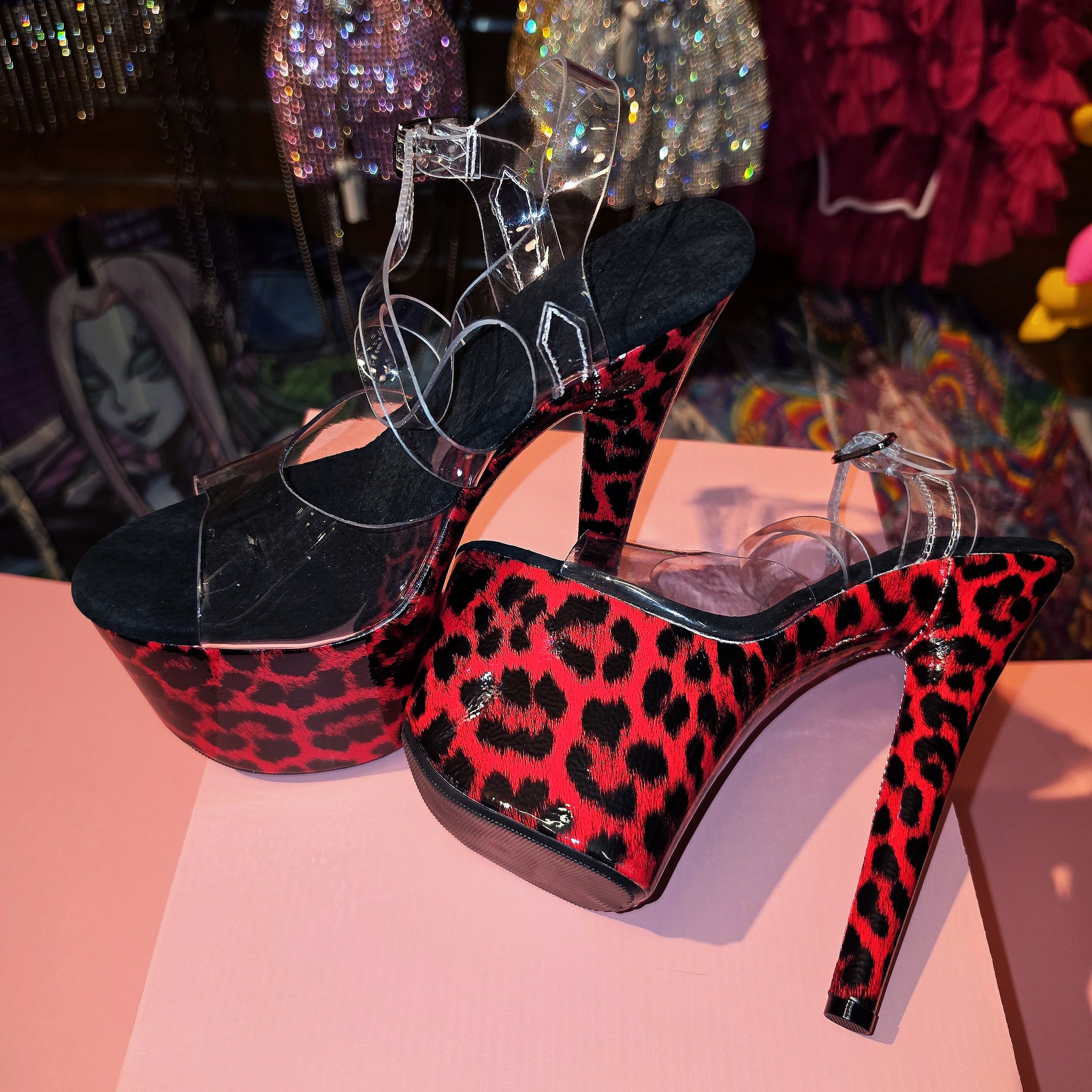 7in Multicolors Leopard Clear X Strap Heels