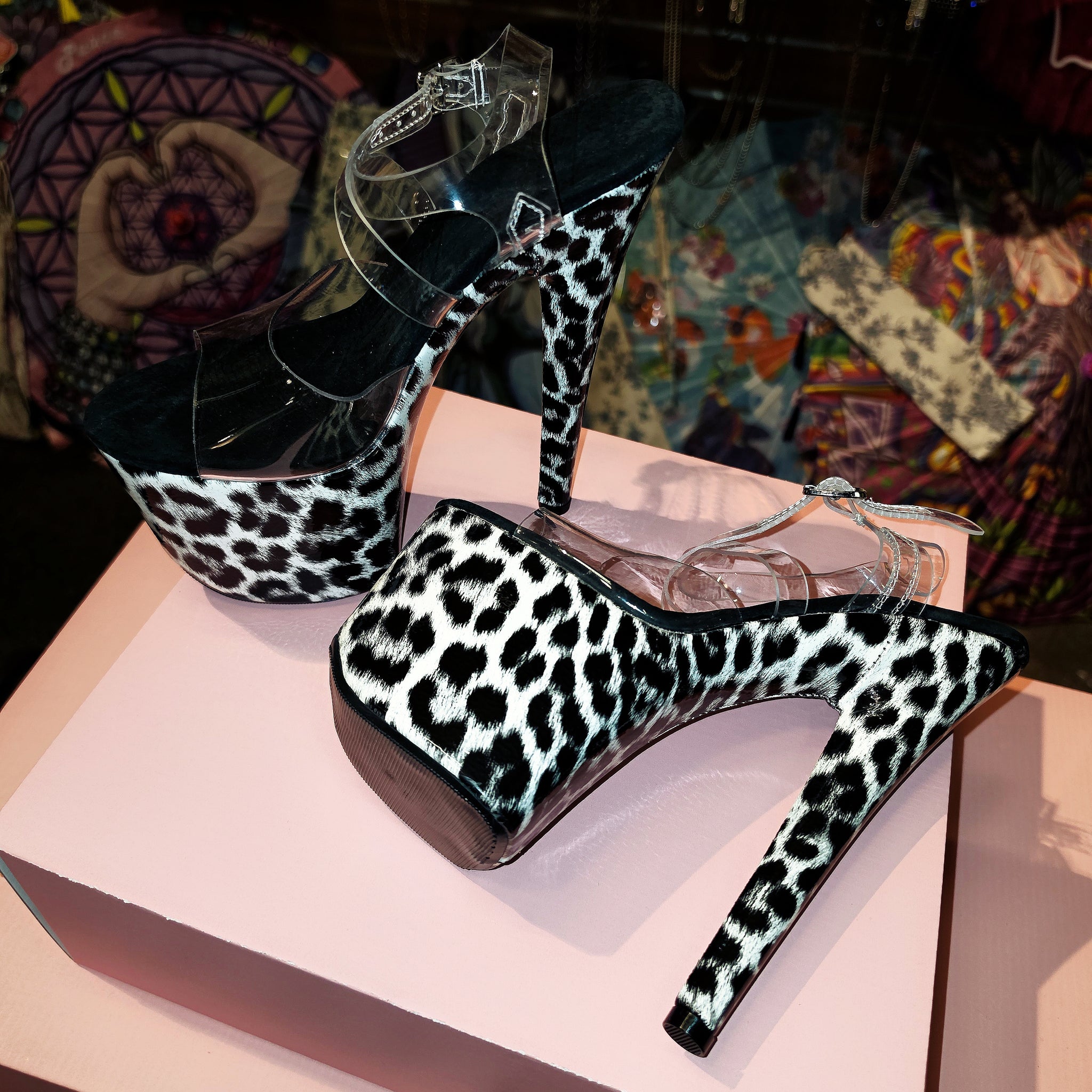 7in Multicolors Leopard Clear X Strap Heels