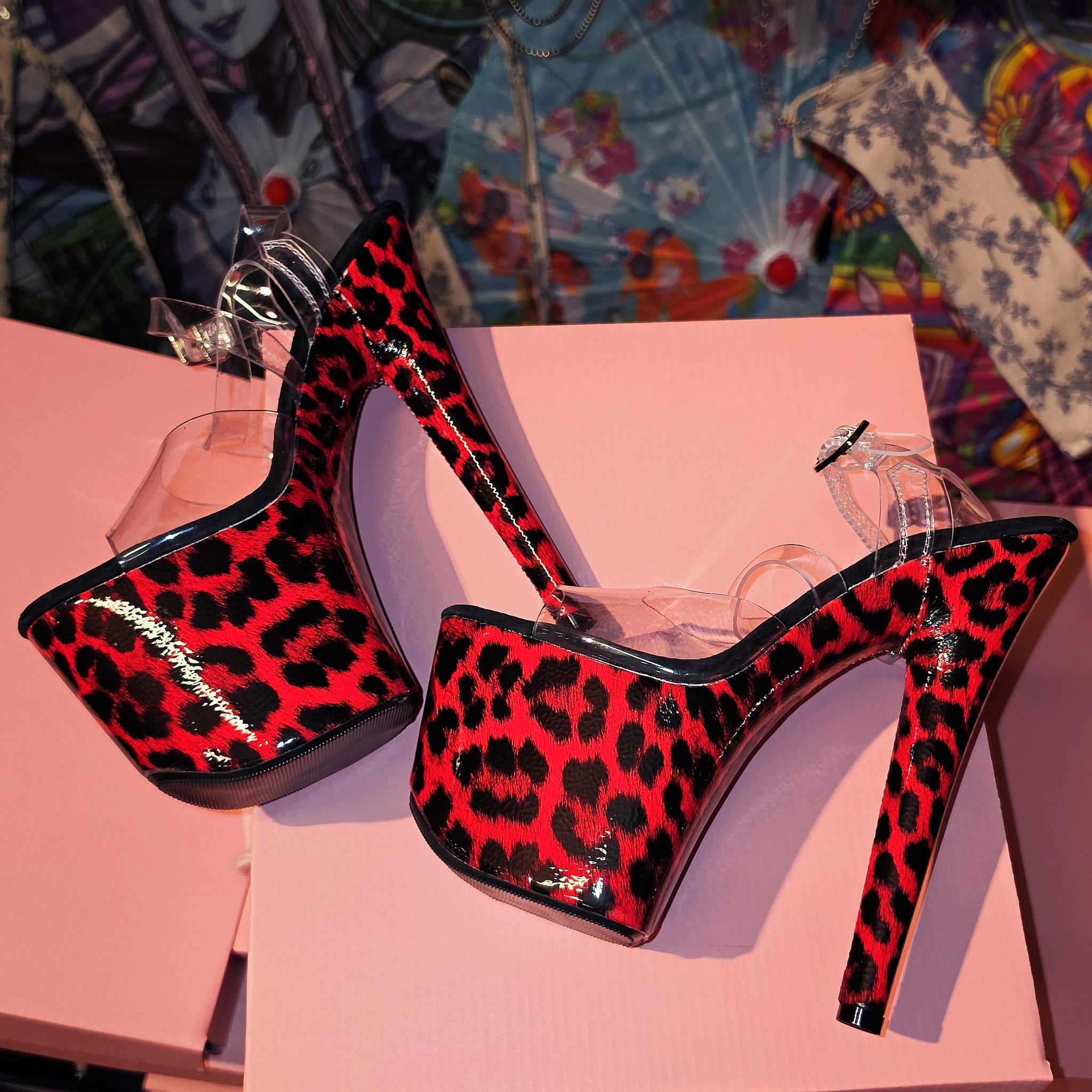 7in Multicolors Leopard Clear X Strap Heels