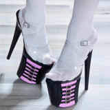 8in Light Baby Pink Black Clear X Strap Stripper Exotic Dancer Platform Heels