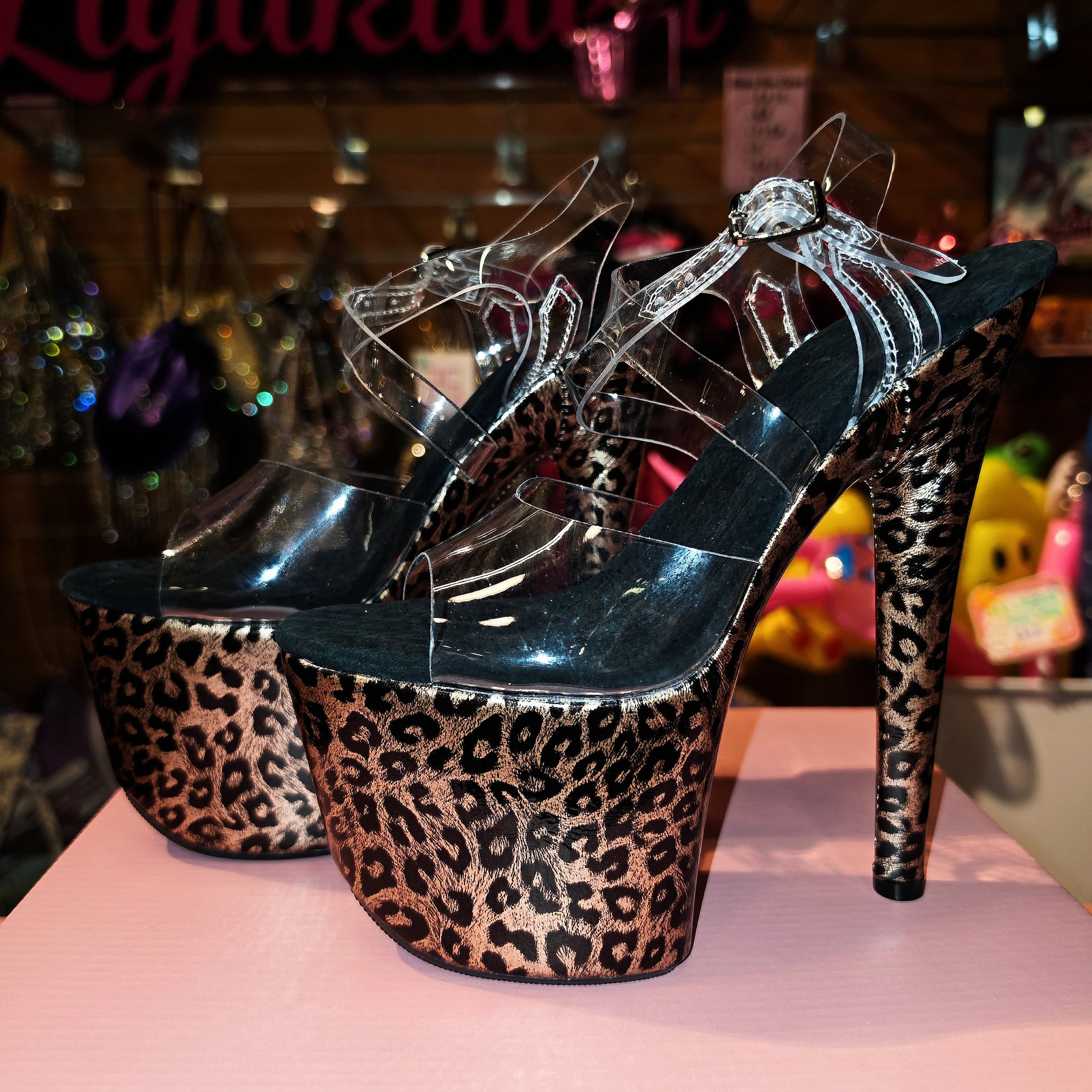 7in Multicolors Leopard Clear X Strap Heels
