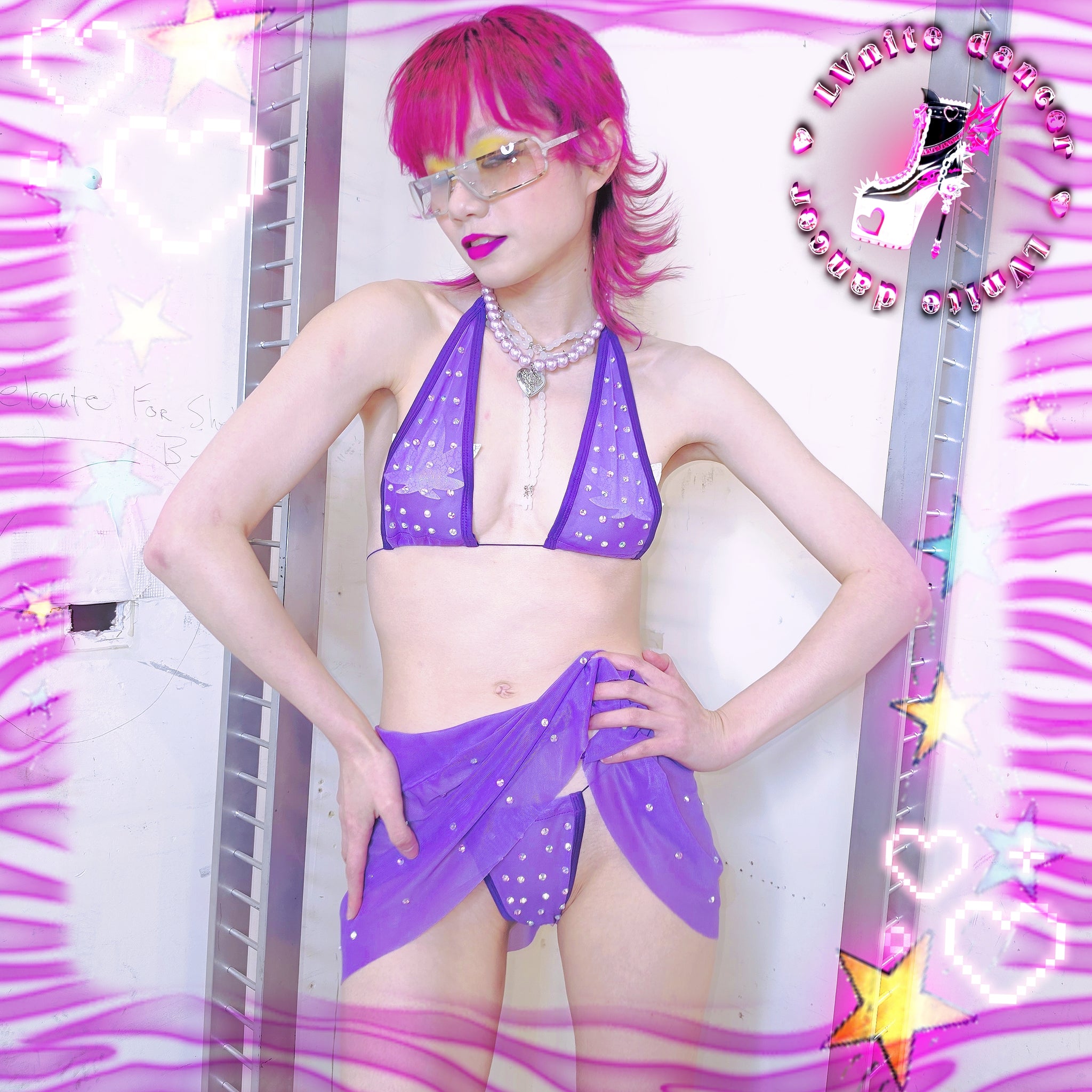 See Through 3 Piece Rhinestones Micro Bikini Skirt Set