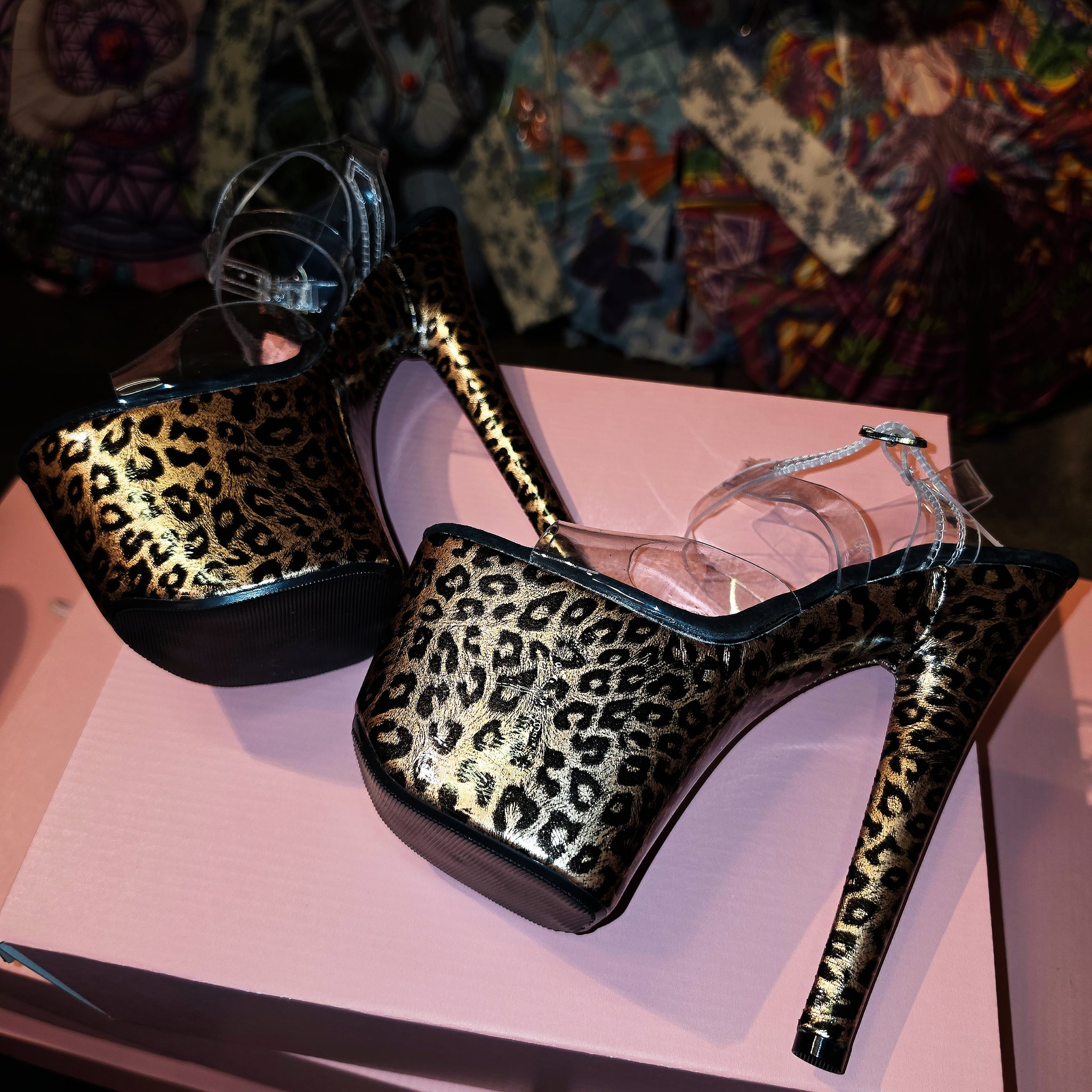 7in Multicolors Leopard Clear X Strap Heels