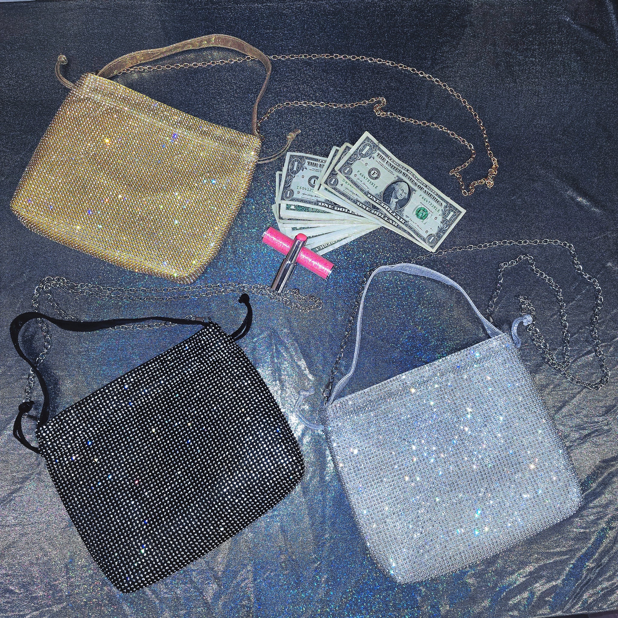 Drawstring Handle Chain Dancer Rhinestones Money Bag