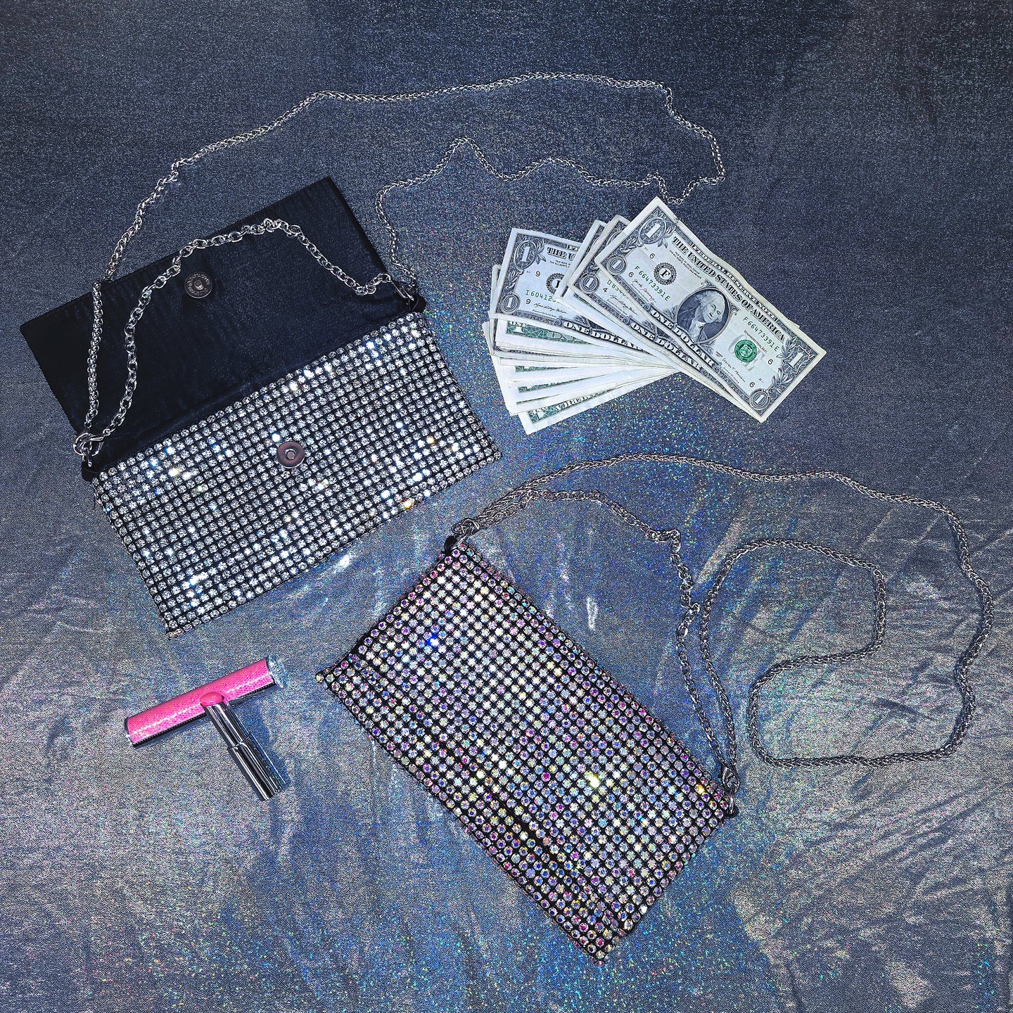 Envelope Chain Clutch Purse Rhinestones Money Bag