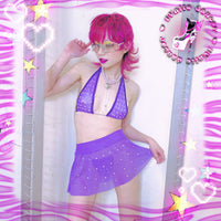 See Through 3 Piece Rhinestones Micro Bikini Skirt Set