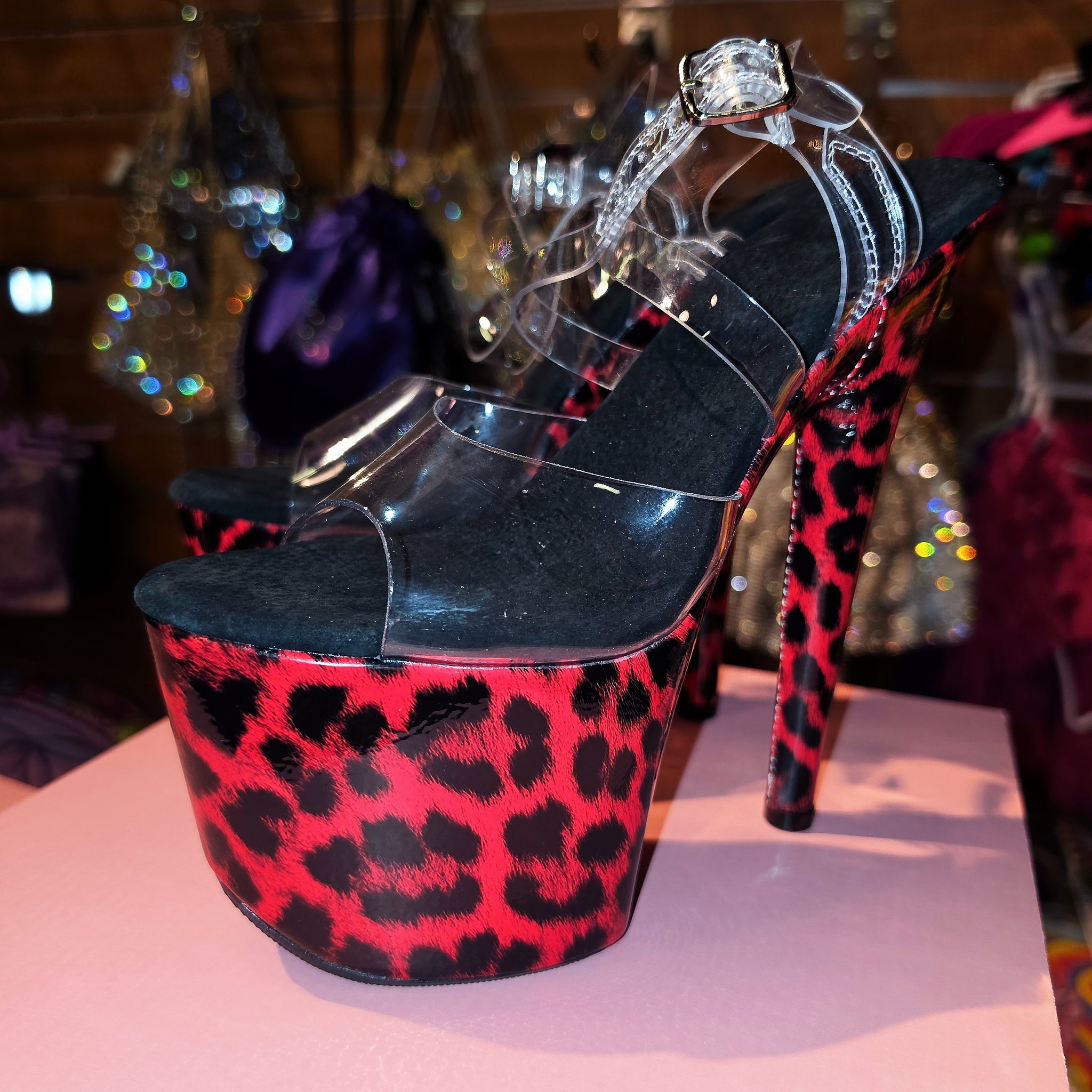 7in Multicolors Leopard Clear X Strap Heels