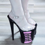 8in Light Baby Pink Black Clear X Strap Stripper Exotic Dancer Platform Heels