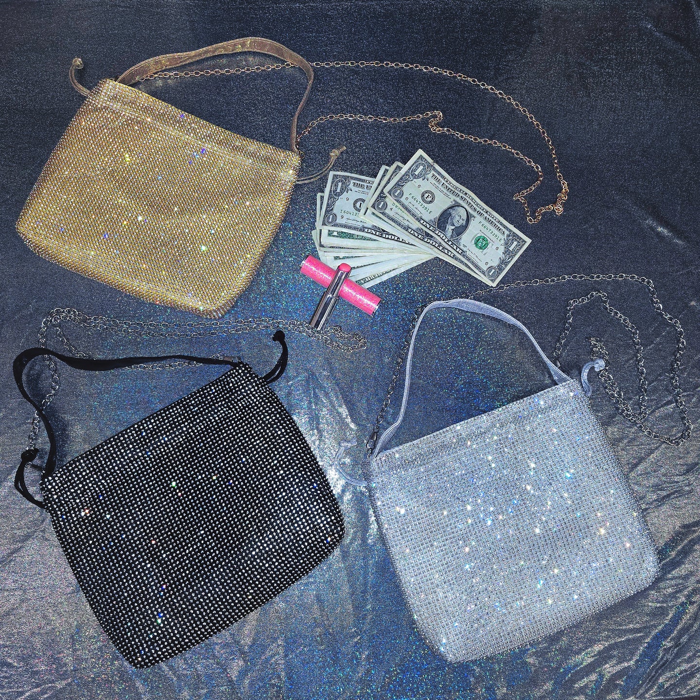 Drawstring Handle Chain Dancer Rhinestones Money Bag