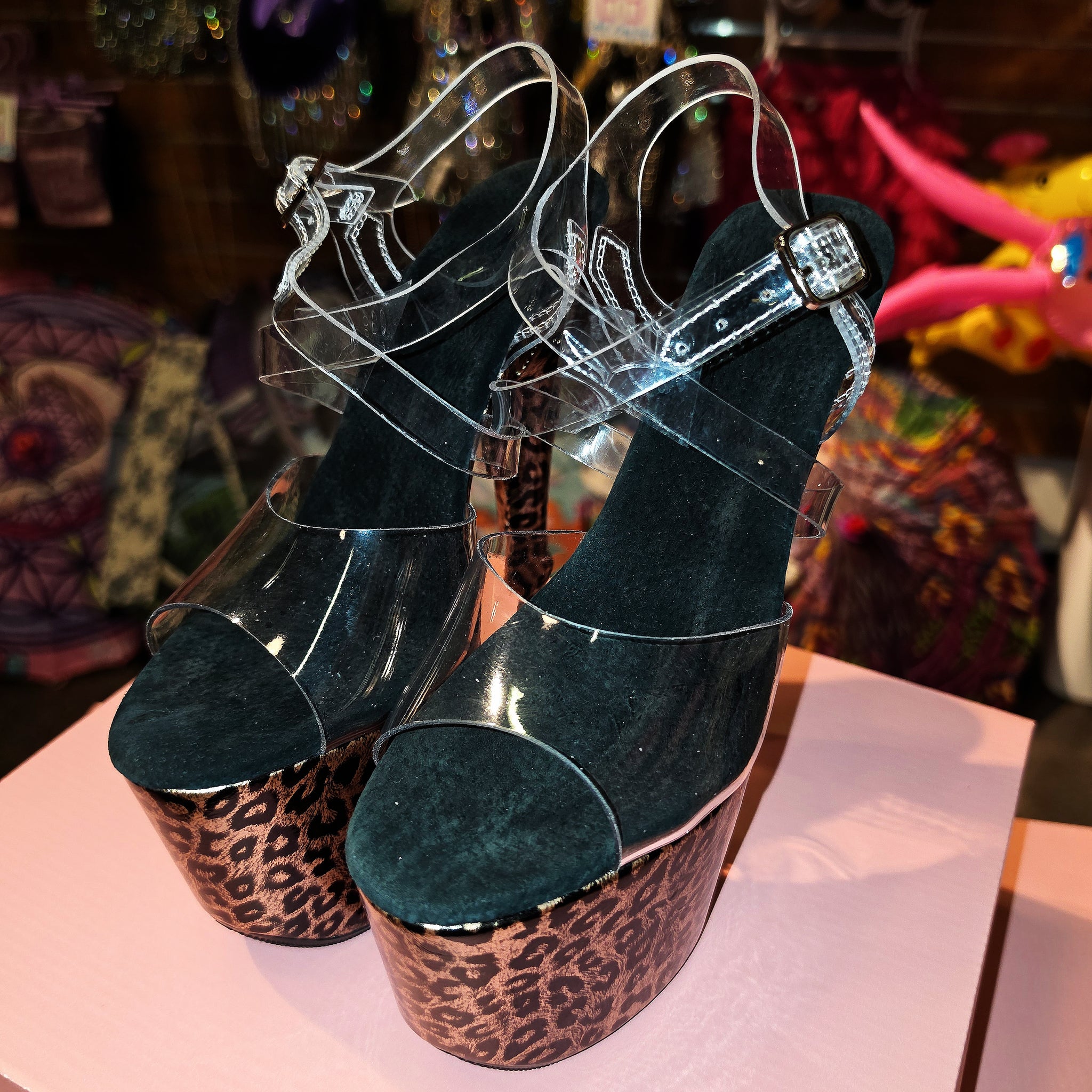 7in Multicolors Leopard Clear X Strap Heels