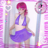 See Through 3 Piece Rhinestones Micro Bikini Skirt Set