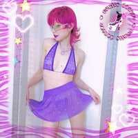 See Through 3 Piece Rhinestones Micro Bikini Skirt Set