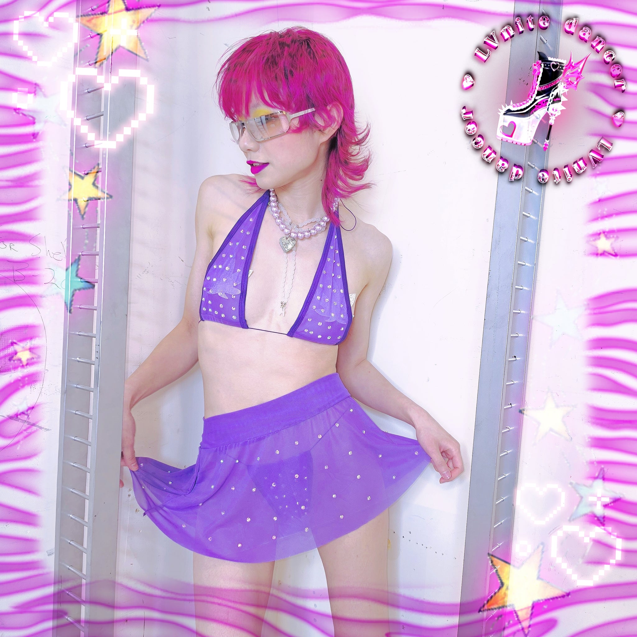 See Through 3 Piece Rhinestones Micro Bikini Skirt Set