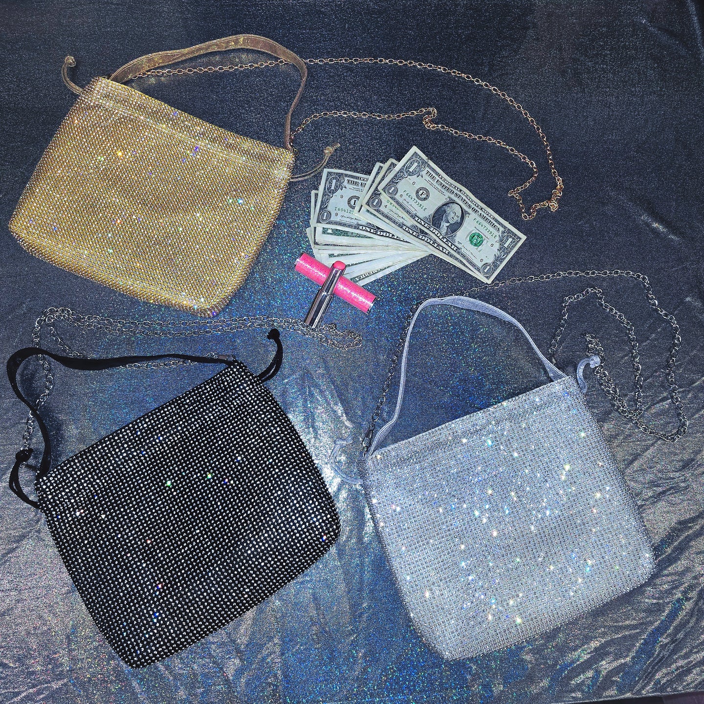 Drawstring Handle Chain Dancer Rhinestones Money Bag